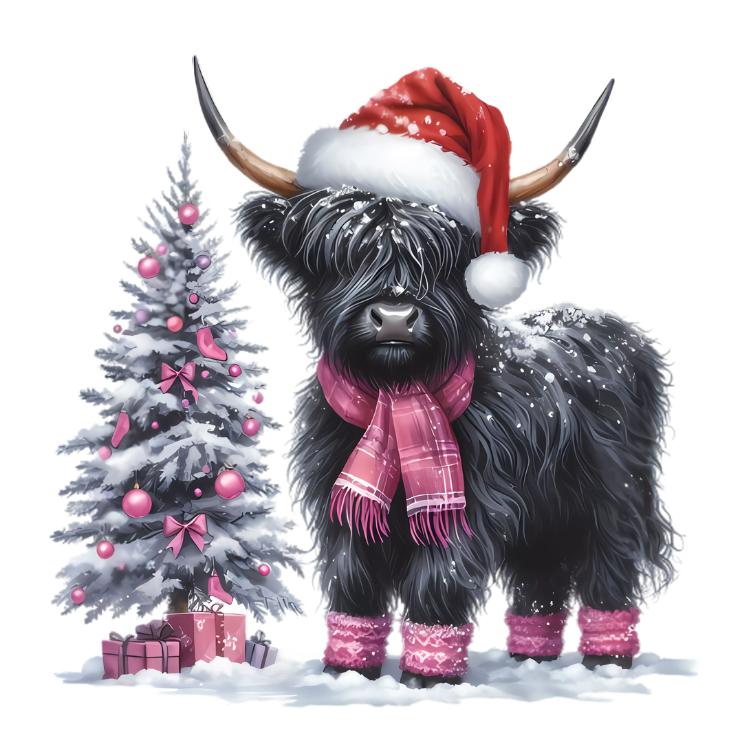 BLACK AND WHITE PINK HIGHLAND COW